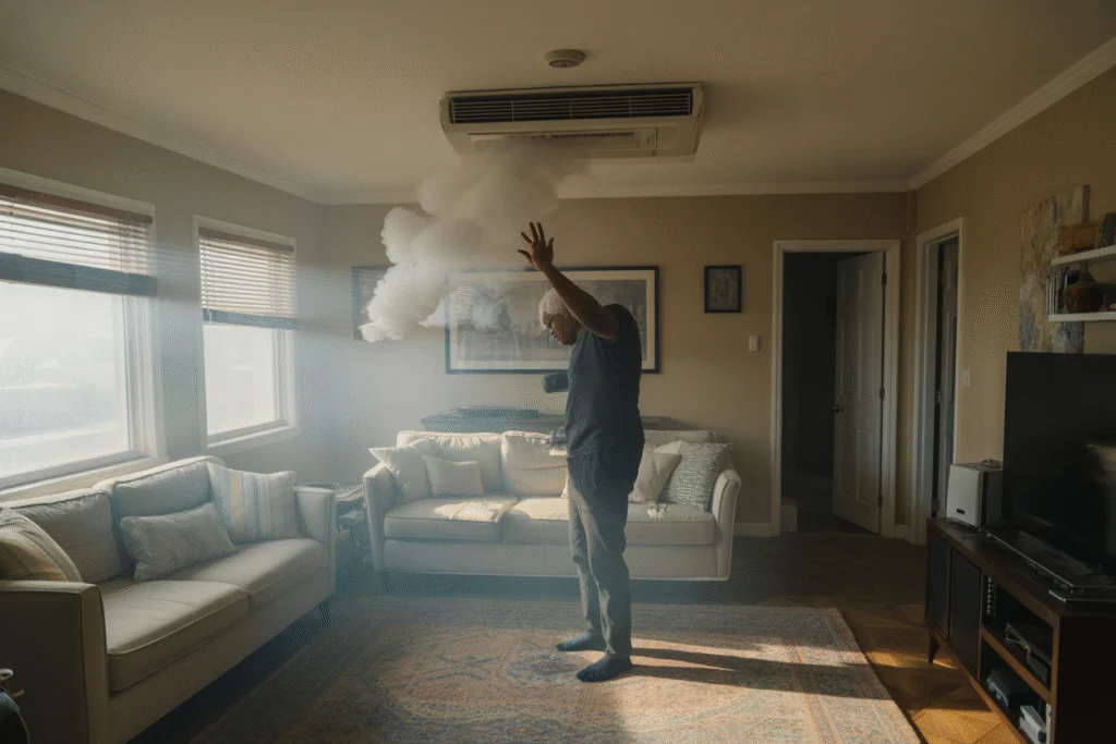 Man standing in a living room inspecting thick white smoke coming from a ceiling AC vent.
