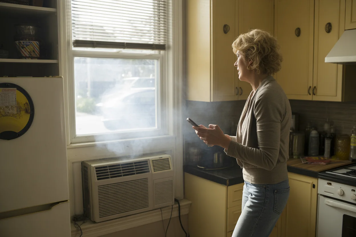 Woman noticing smoke or mist coming from a window AC unit in her kitchen while checking her phone.