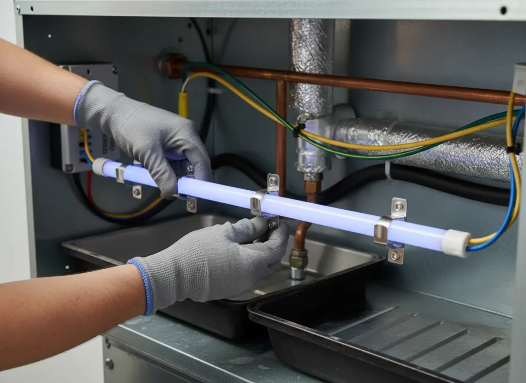 Close-up view of a technician installing a UV light inside an HVAC system to prevent mold growth and improve air quality.