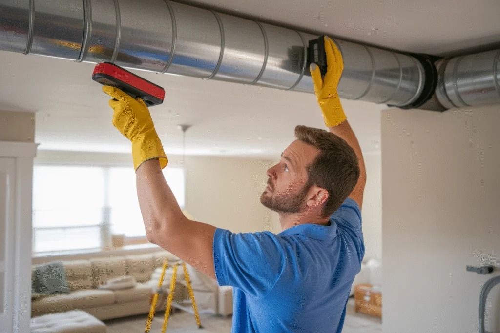 Homeowner wearing rubber gloves while dusting and wiping exposed metal air ductwork during DIY duct cleaning.