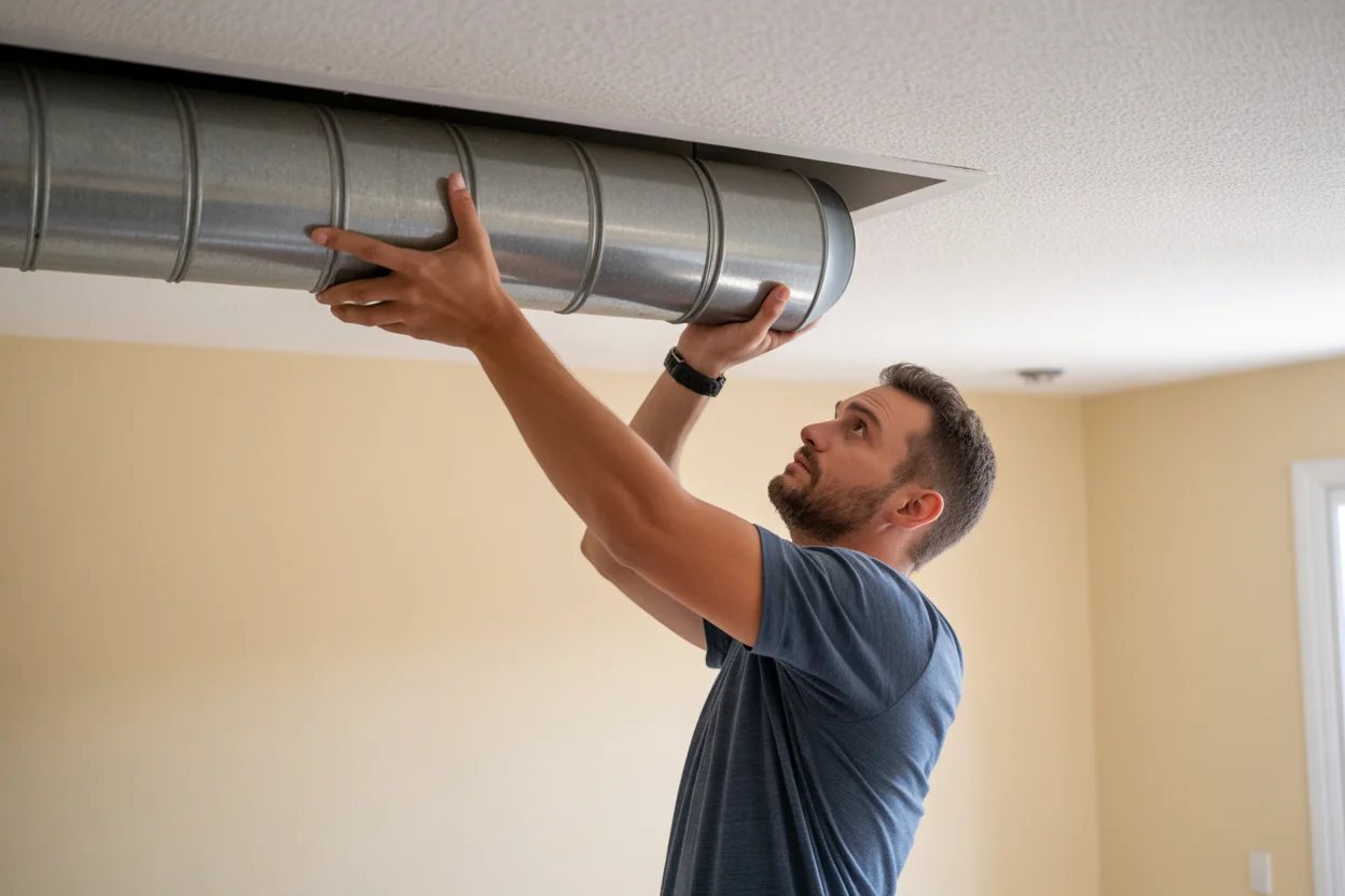 Homeowner inspecting and accessing a ceiling air duct during a DIY air duct cleaning attempt.