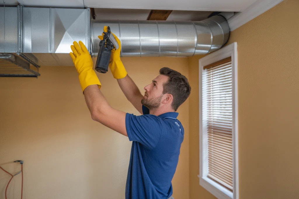 Homeowner wearing protective gloves while inspecting and cleaning metal air ductwork in a house.