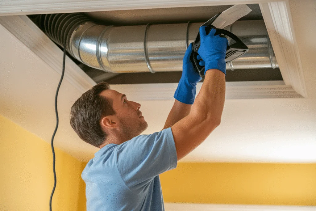 Homeowner using a vacuum and protective gloves to clean inside an air duct during DIY duct cleaning.