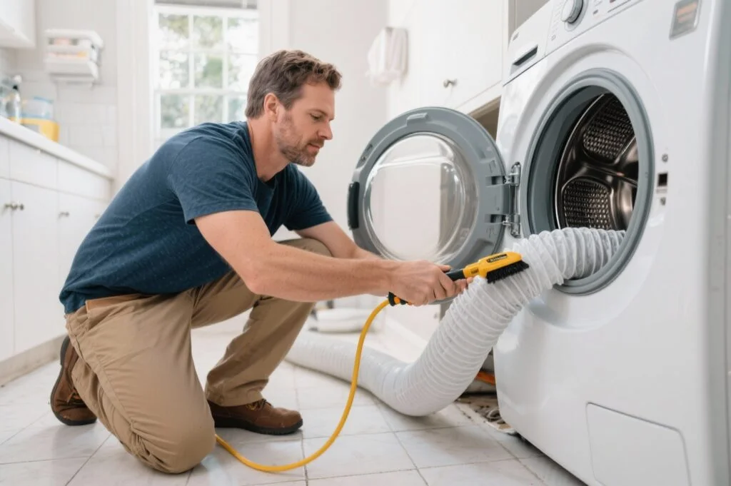 Homeowner cleaning lint from a flexible dryer vent hose using a brush during DIY dryer vent maintenance.