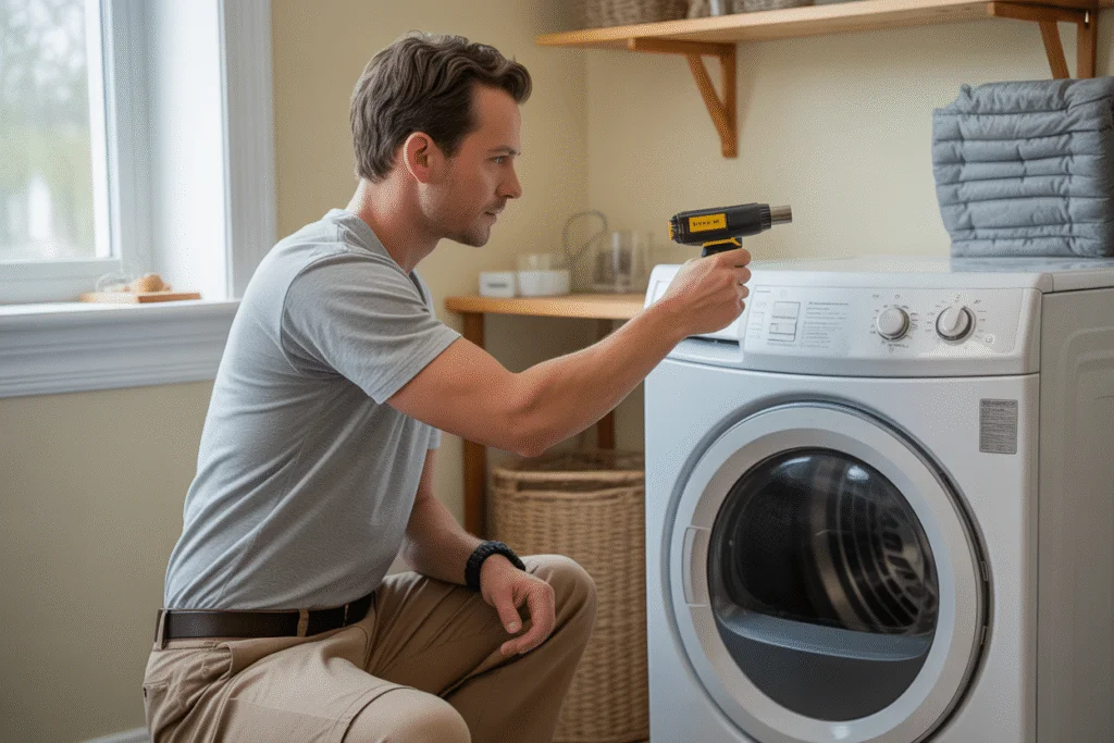 Homeowner testing dryer airflow using a handheld airflow meter during DIY dryer vent cleaning.