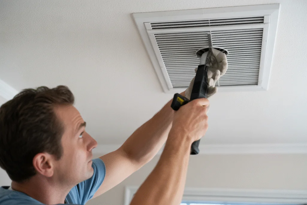Homeowner vacuuming lint from a ceiling dryer vent grille during DIY dryer vent cleaning.