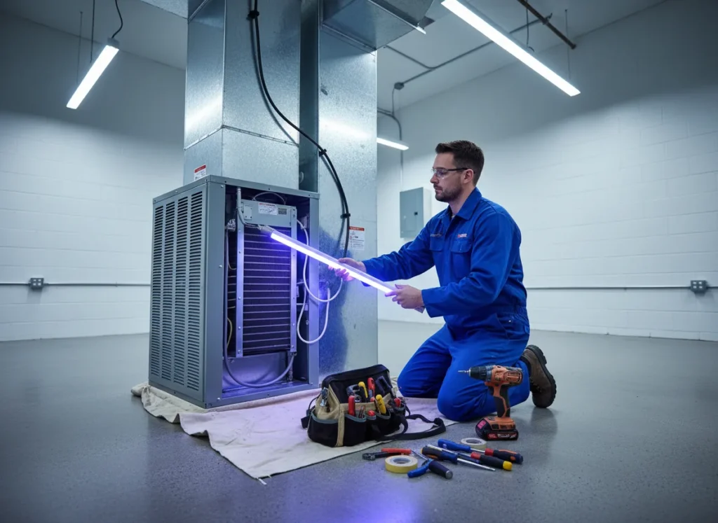 HVAC technician installing a long UV light inside a commercial air handler system, surrounded by tools during maintenance.