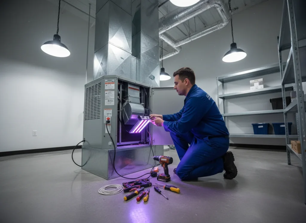 HVAC technician installing a UV light system inside a commercial air handler unit to improve air purification and prevent mold.