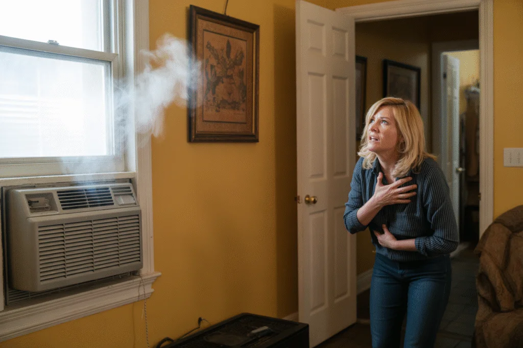 Concerned woman holding her chest while white smoke comes out of a window air conditioner inside the room.