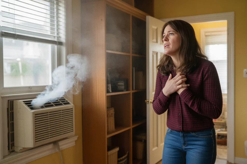 Worried woman holding her chest while a window AC unit blows white smoke inside the room.