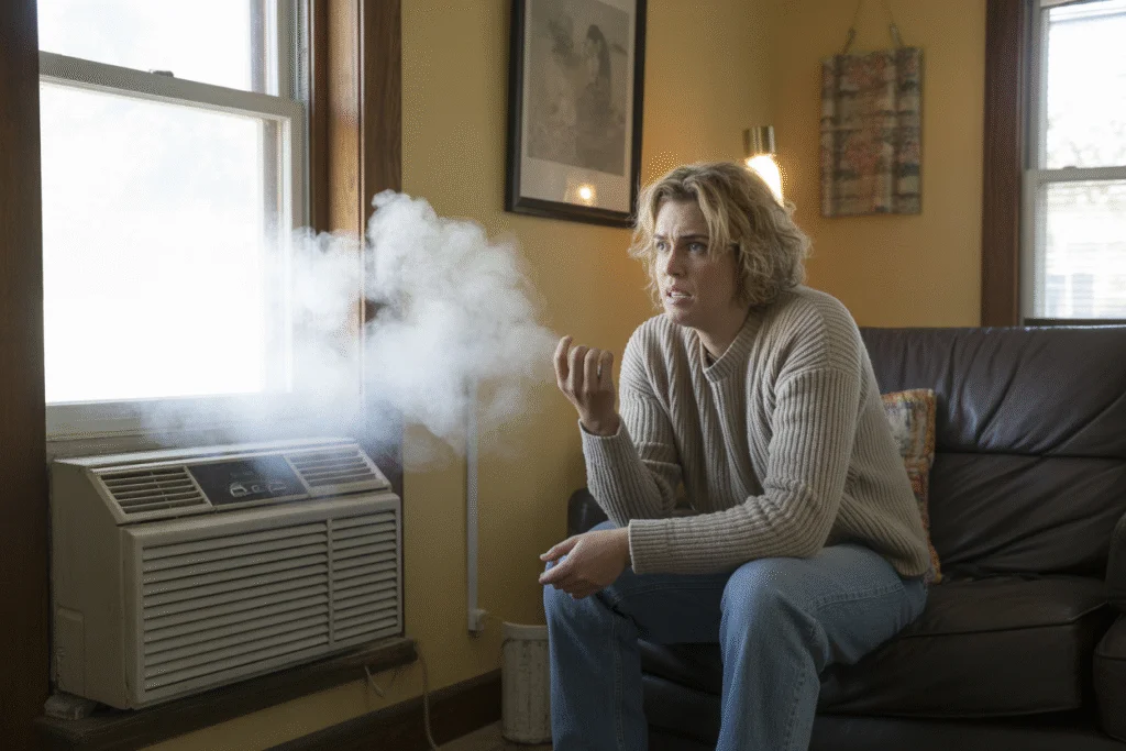 Concerned woman sitting in a living room watching white smoke come out of a window AC unit.