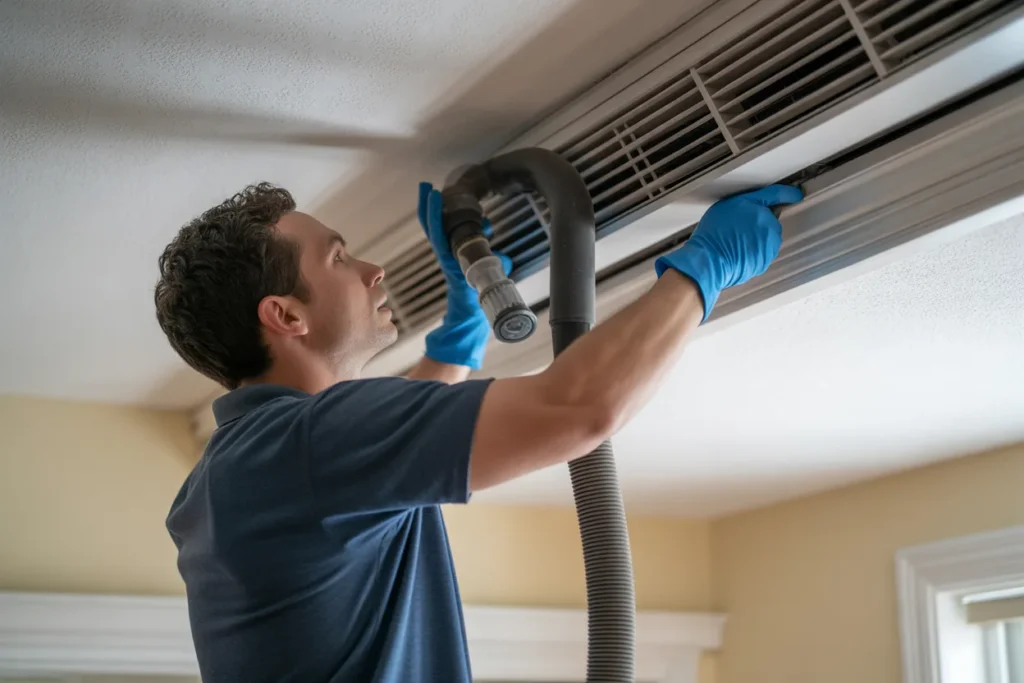 Technician cleaning an HVAC air duct using a negative pressure vacuum system before disinfection