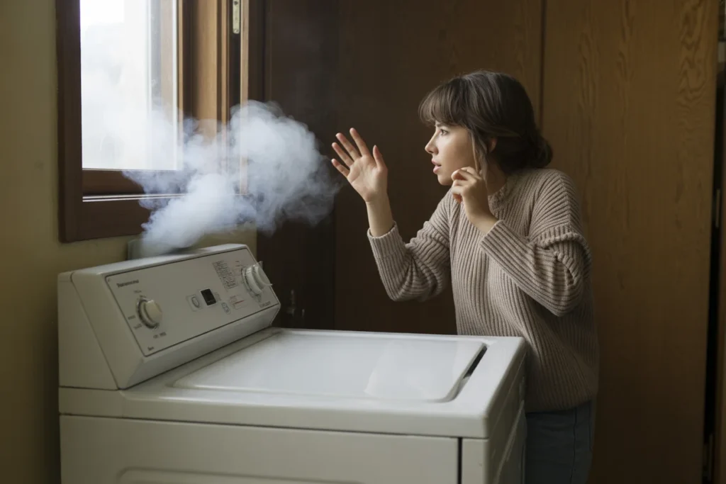 Woman noticing smoke coming from a dryer, indicating a burning smell and potential dryer safety issue