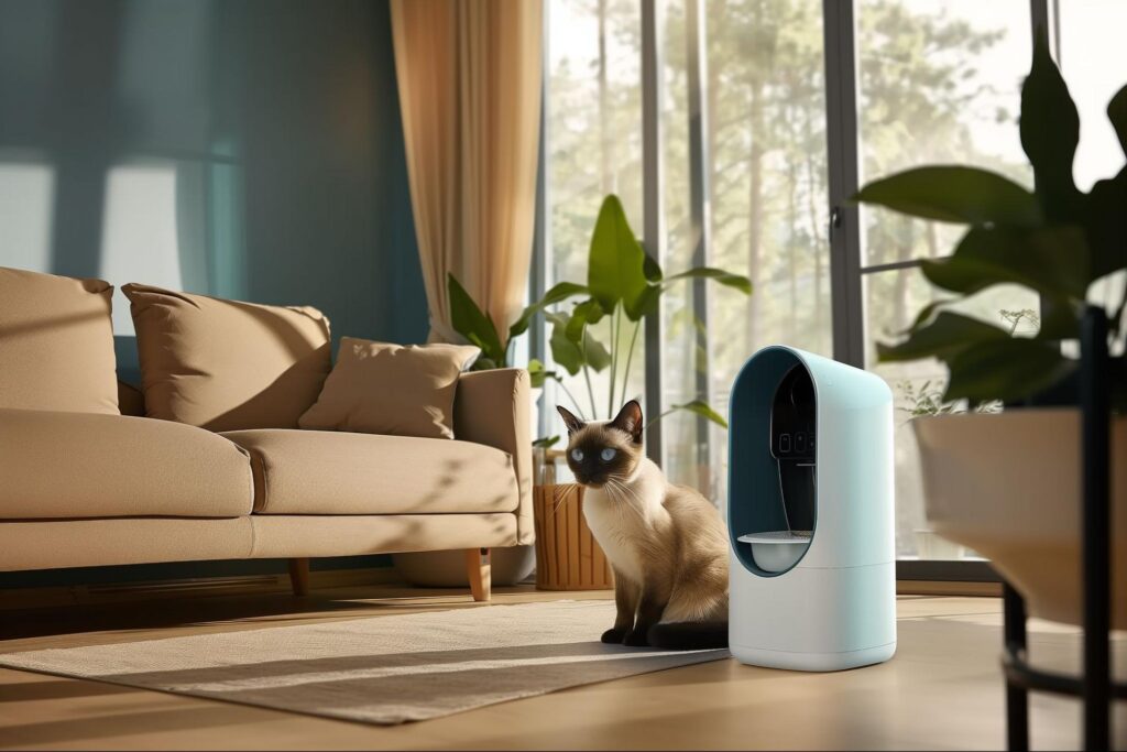 Siamese cat sitting beside a modern portable air device in a bright living room with large windows and indoor plants.