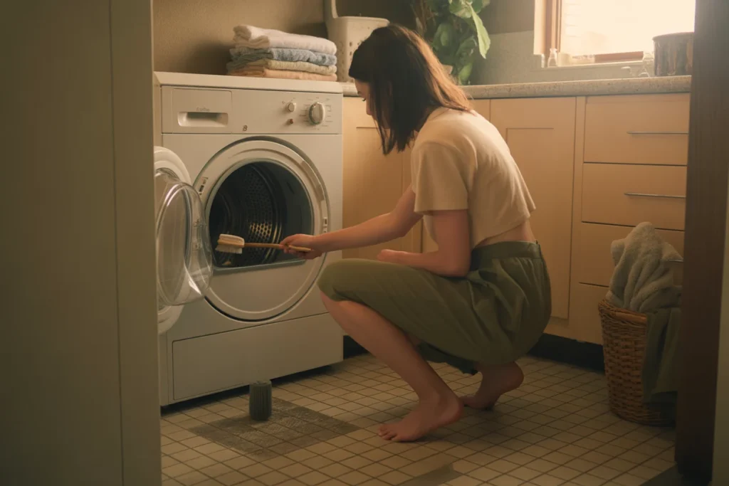 Woman cleaning lint buildup inside a clothes dryer drum to prevent a burning smell and overheating