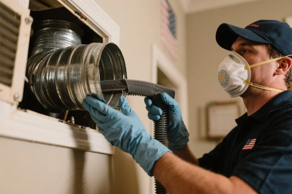 Technician cleaning the interior of an HVAC air duct using a vacuum hose during duct cleaning