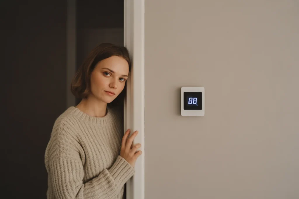 Homeowner standing near a wall thermostat noticing an unusually high temperature reading