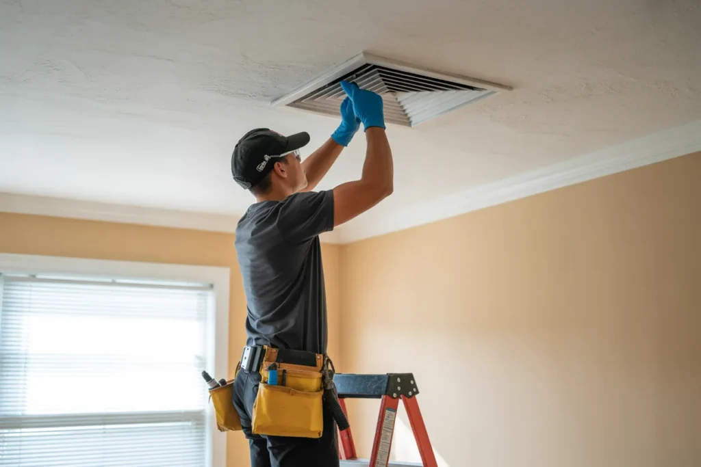 Technician inspecting a ceiling air duct vent for contamination before air duct disinfection