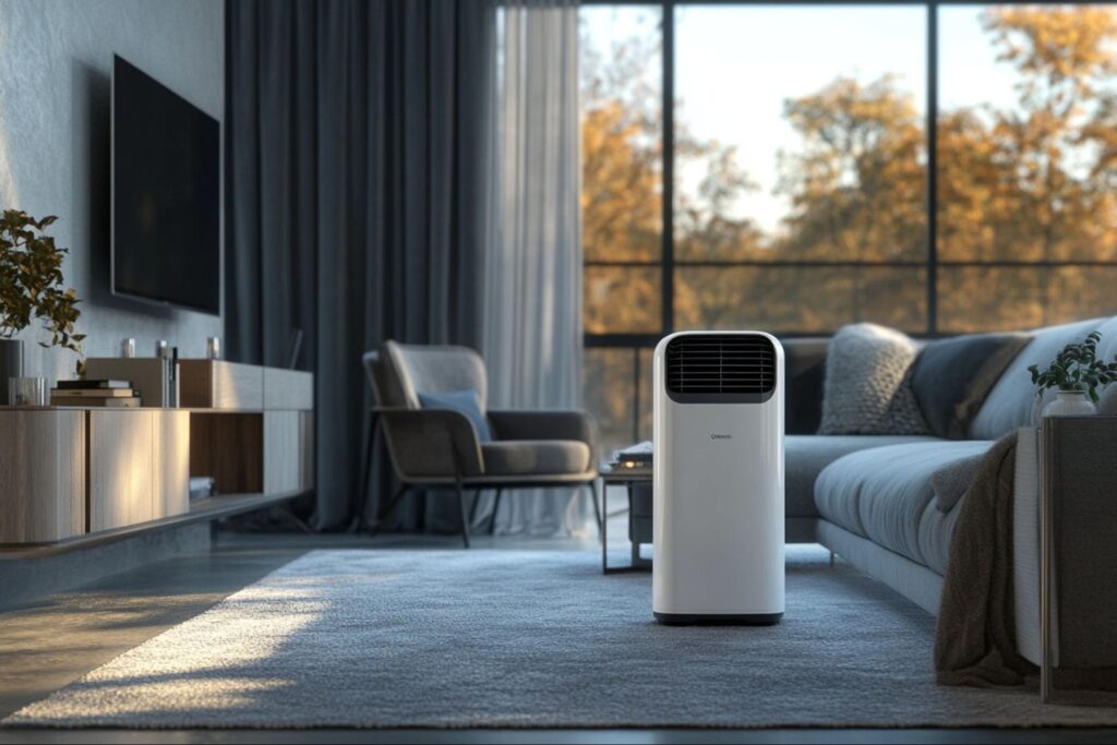 Portable air conditioner placed in a modern living room, showing how a unit operates indoors before venting the exhaust outside.