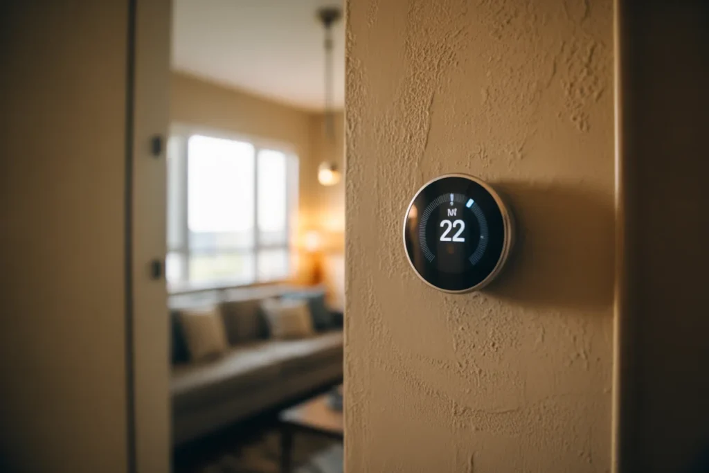 Smart thermostat displaying a set indoor temperature during normal home heating operation