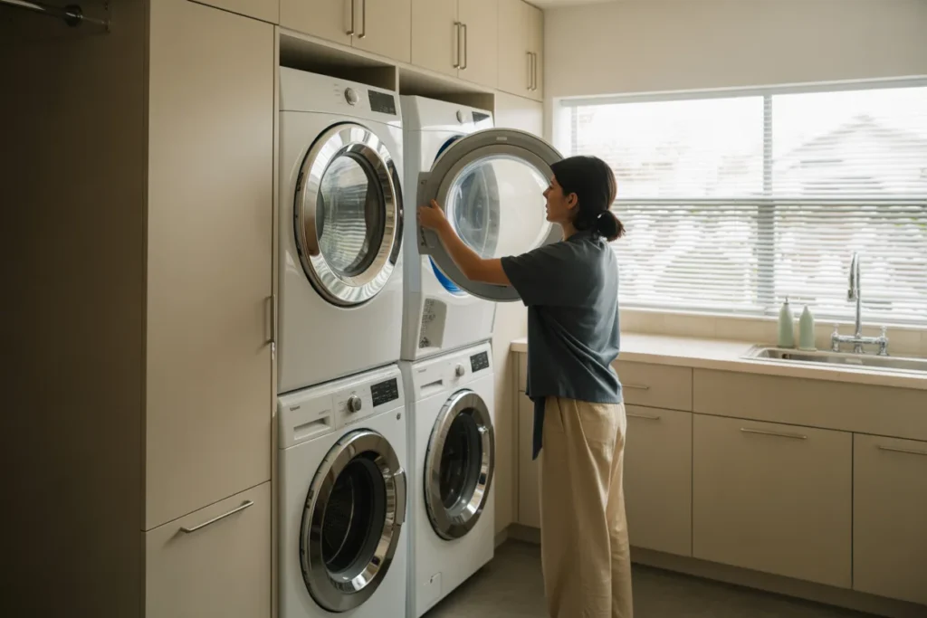 Stacked ventless washer and dryer installed inside an indoor laundry space without exterior venting