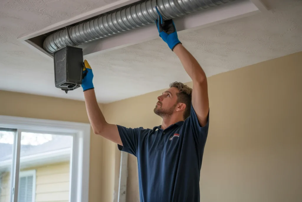 Technician applying ULV fogging to disinfect HVAC air ducts after thorough cleaning