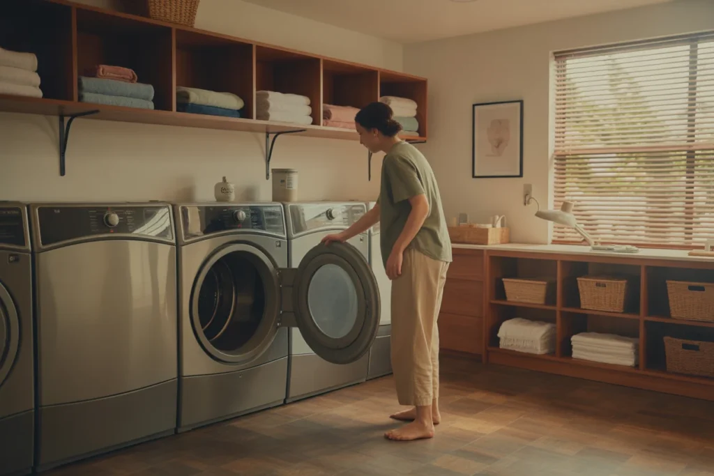 Ventless dryer operating in an indoor laundry room with closed cabinetry and shelving