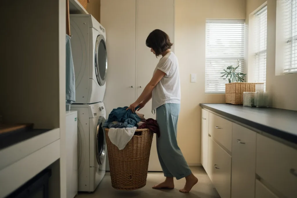 Homeowner sorting laundry next to a stacked ventless washer and dryer in an indoor laundry room