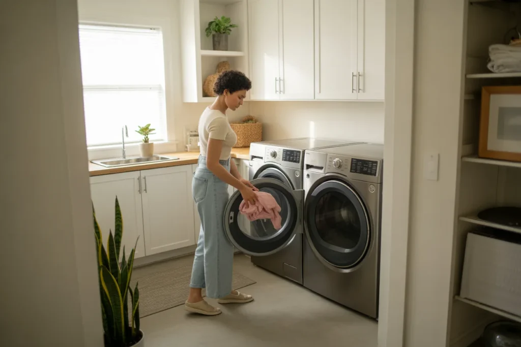 Ventless washer and dryer installed in a compact indoor laundry room with a homeowner loading clothes