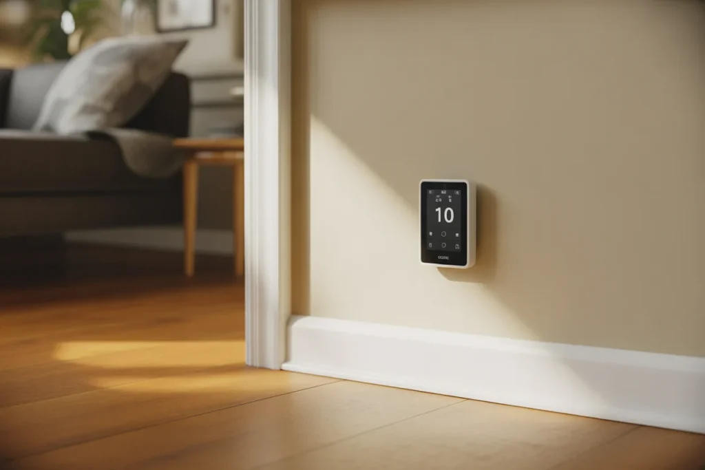 Wall-mounted thermostat installed near the floor showing indoor temperature and sensor-based heating control