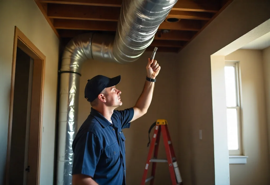 HVAC technician inspecting air ductwork in a New Jersey home to check for damage and airflow issues