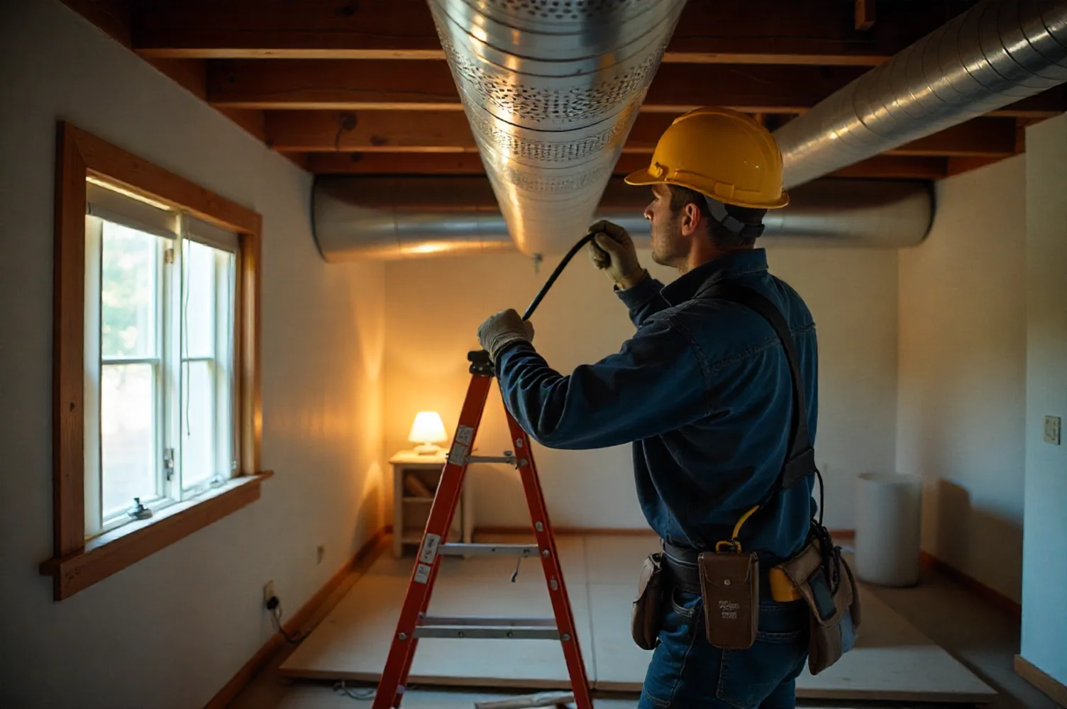 HVAC technician replacing air ductwork inside a New Jersey home during duct replacement project
