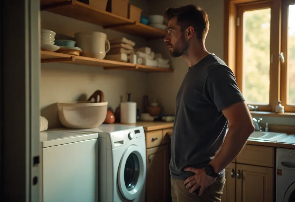 Homeowner standing in front of a dryer that is running but not heating, trying to diagnose the problem