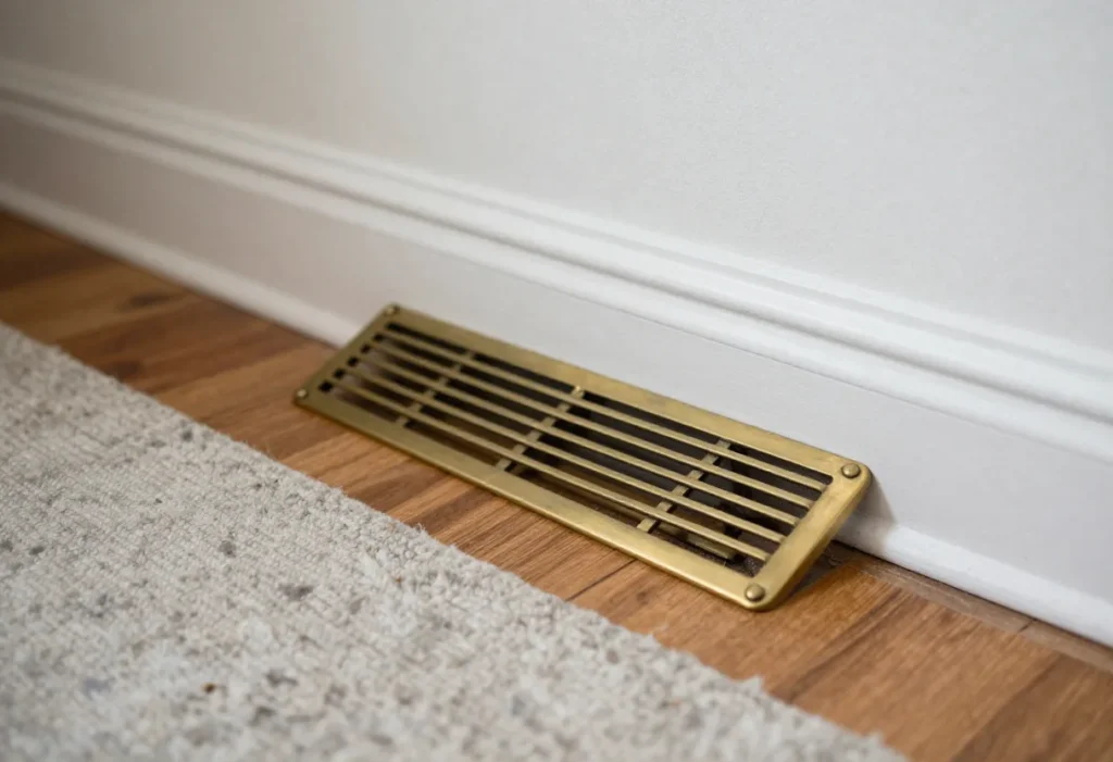 Floor return air vent installed near wall baseboard without a filter