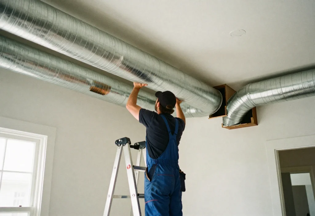 Technician installing large metal air ducts inside a New Jersey home during full HVAC duct replacement