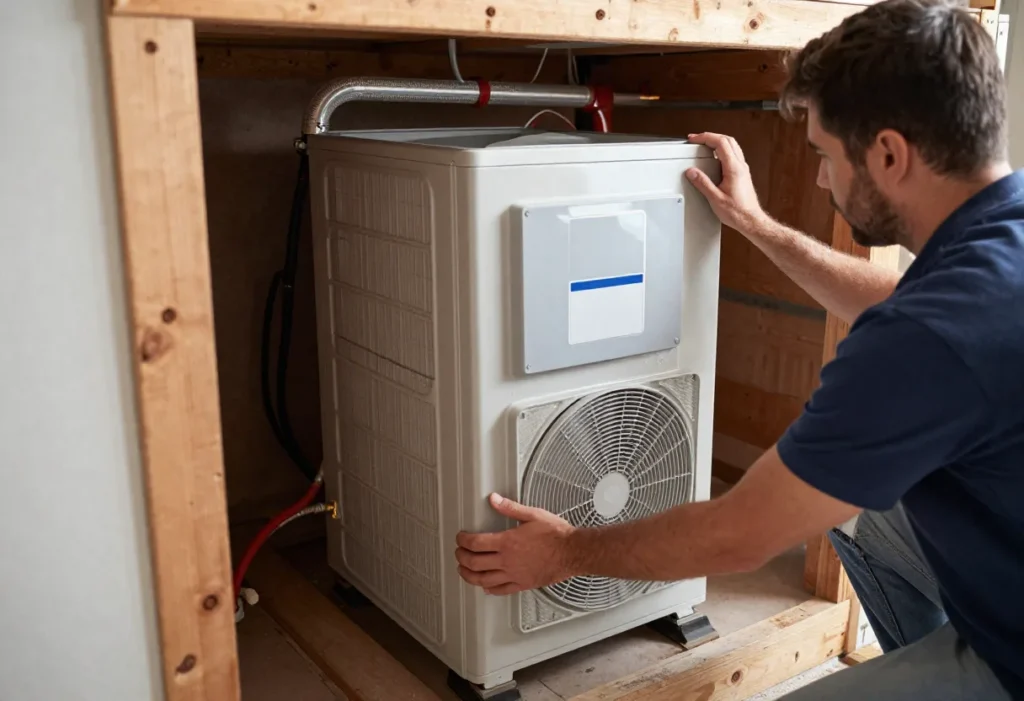 HVAC technician installing a residential heat pump system during HVAC replacement in a NJ home