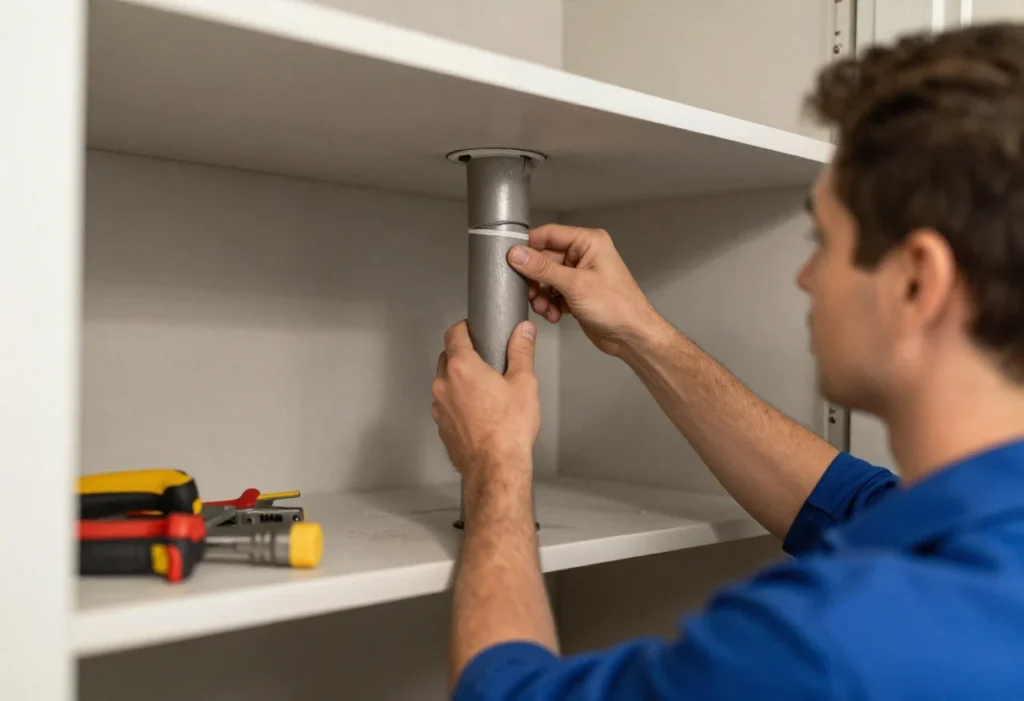 HVAC technician installing duct support inside a home during HVAC system replacement in New Jersey