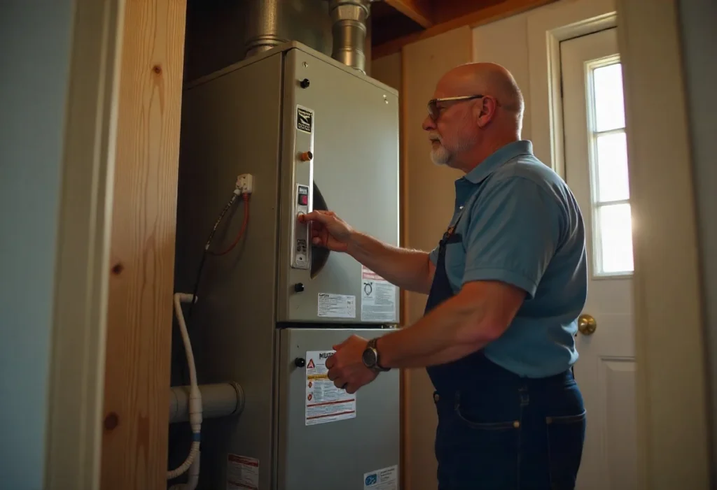 HVAC technician inspecting and replacing a residential furnace during HVAC system replacement in New Jersey