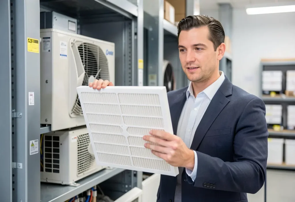 Homeowner or HVAC professional checking a residential HVAC air filter for proper fit and airflow compatibility
