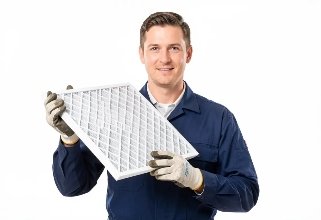 HVAC technician holding a residential air filter used in home heating and cooling systems