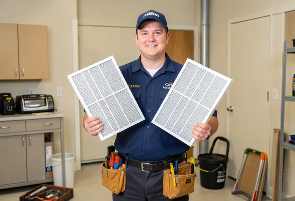HVAC technician holding MERV 11 and MERV 13 air filters for comparison