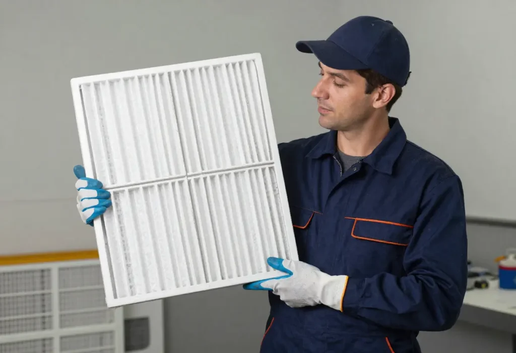 HVAC technician inspecting a residential air filter to check dust buildup and replacement timing