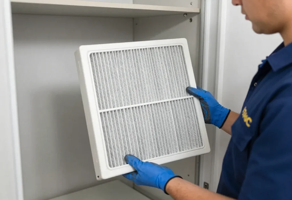 Technician installing MERV rated HVAC air filter into system