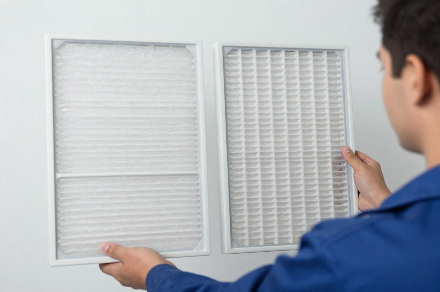 Side by side comparison of MERV 11 vs MERV 13 air filters showing difference in filter density