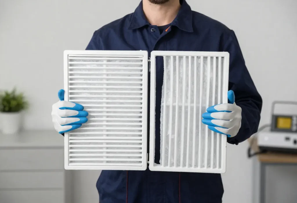 Side-by-side comparison of two HVAC air filters showing the difference between MERV 8 and MERV 10 filtration density