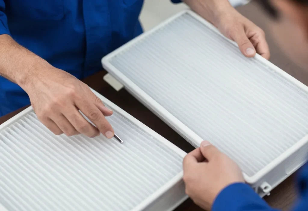 Technician comparing HVAC air filter thickness and density for airflow performance