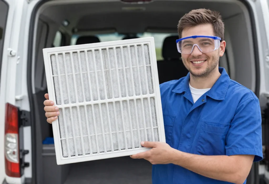 HVAC technician holding air filter during replacement service