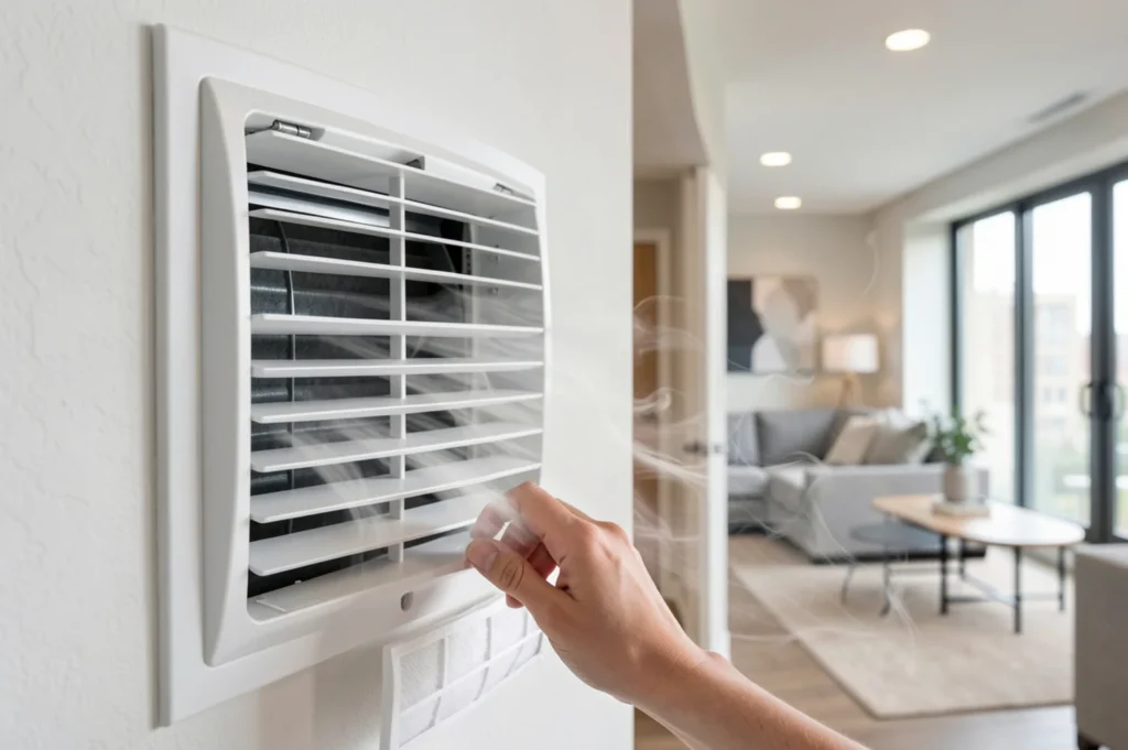 Hand adjusting HVAC air vent while inspecting bad smell from air ducts in a home