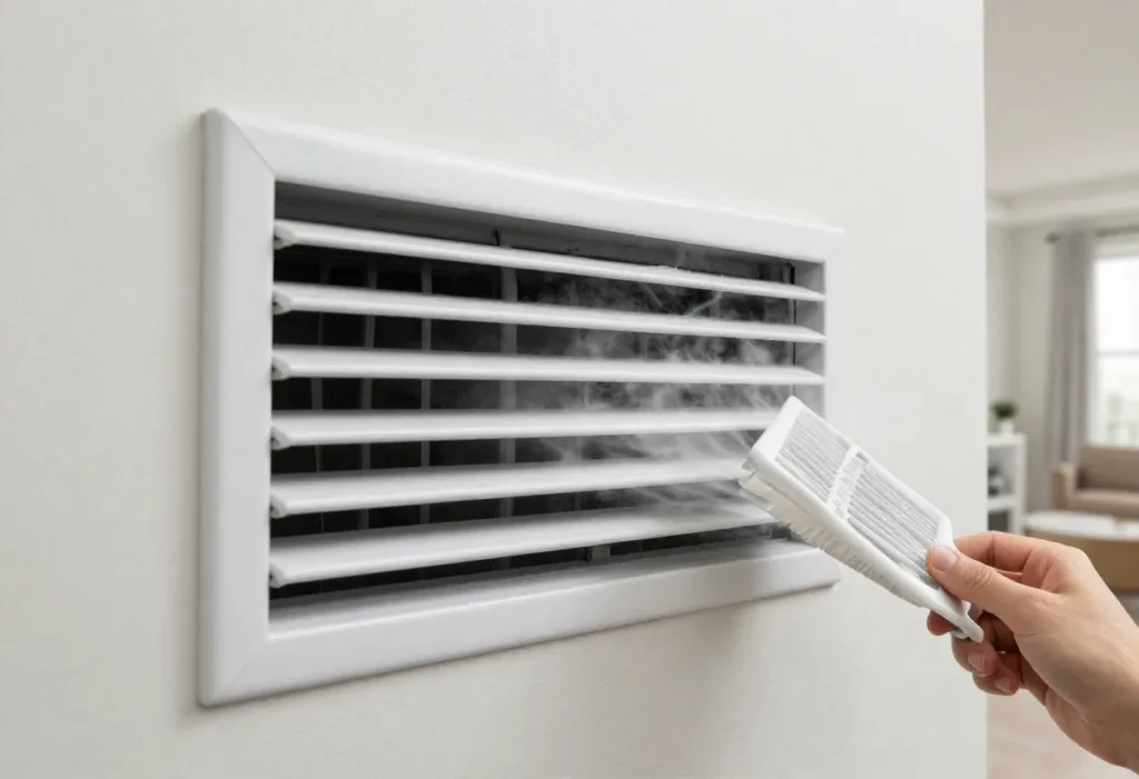 Cleaning HVAC air vent with brush to remove dust causing bad smell from air ducts