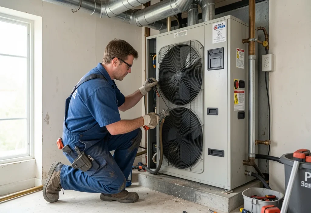 HVAC technician cleaning condenser coils and fan during routine HVAC maintenance